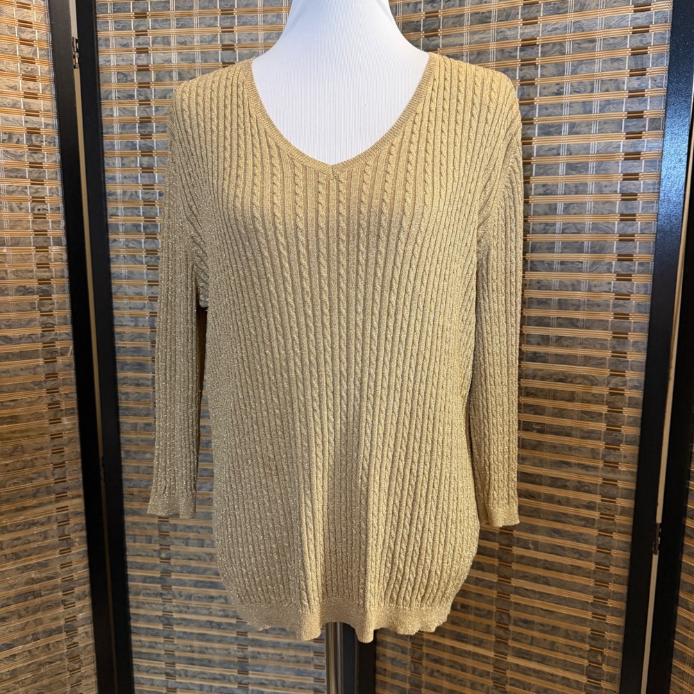 Lauren Ralph Lauren Sweater Women 2X Gold Metallic Silk Blend Cable Knit V-Neck